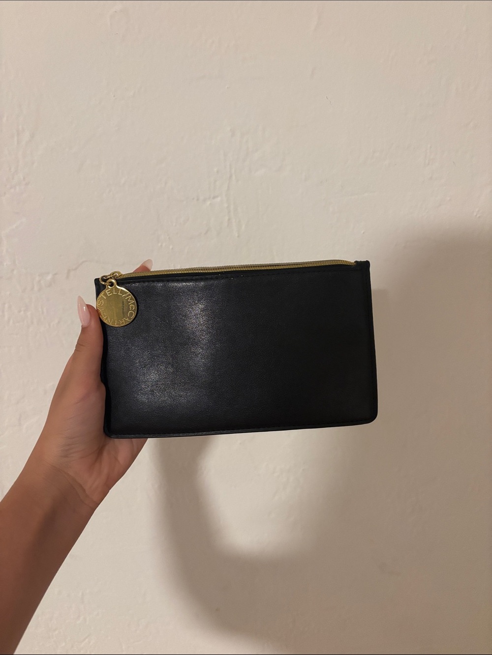 Stella McCartney Black Leather Wristlet Pouch with Gold Disc Charm